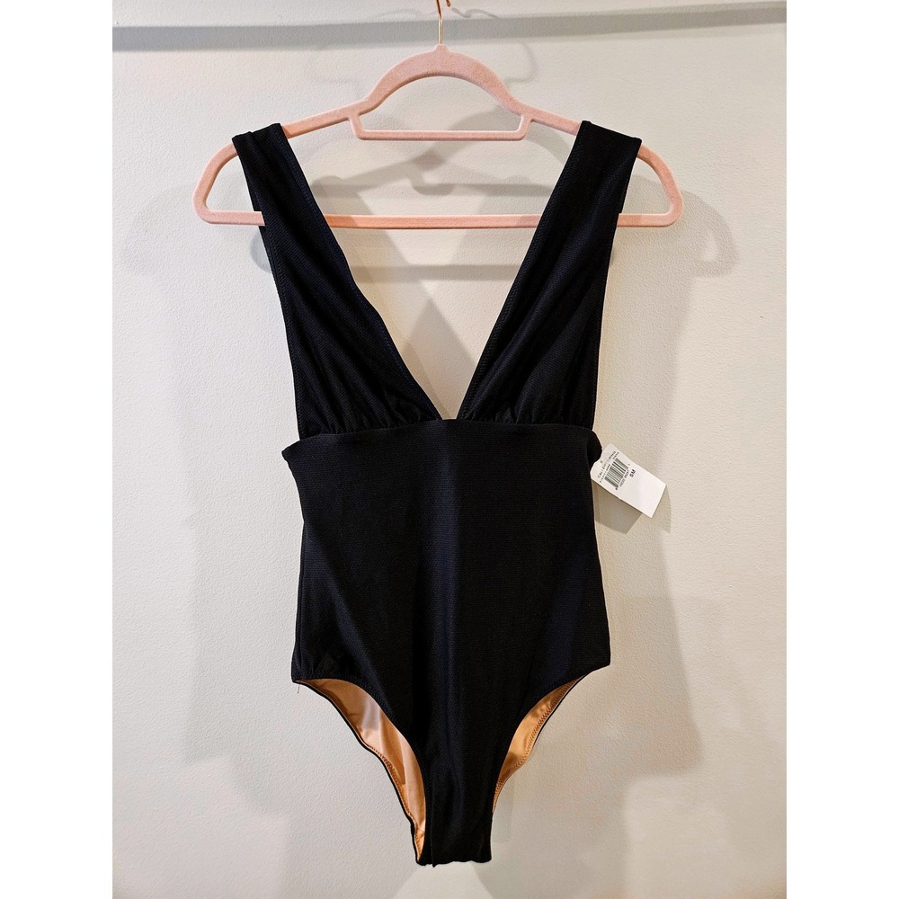 Cali Dreaming Women's Onyx Black Deep V-Neck One Piece Swimsuit Size Small NWT‎